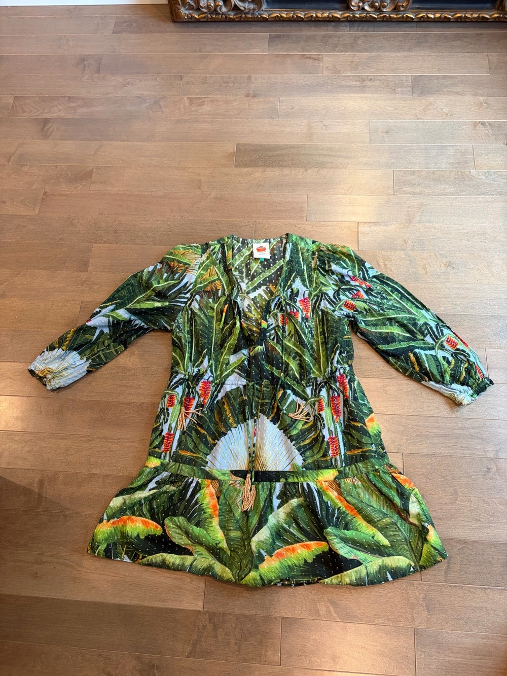 FARM Rio Green and Red Tropical Leaf Tunic